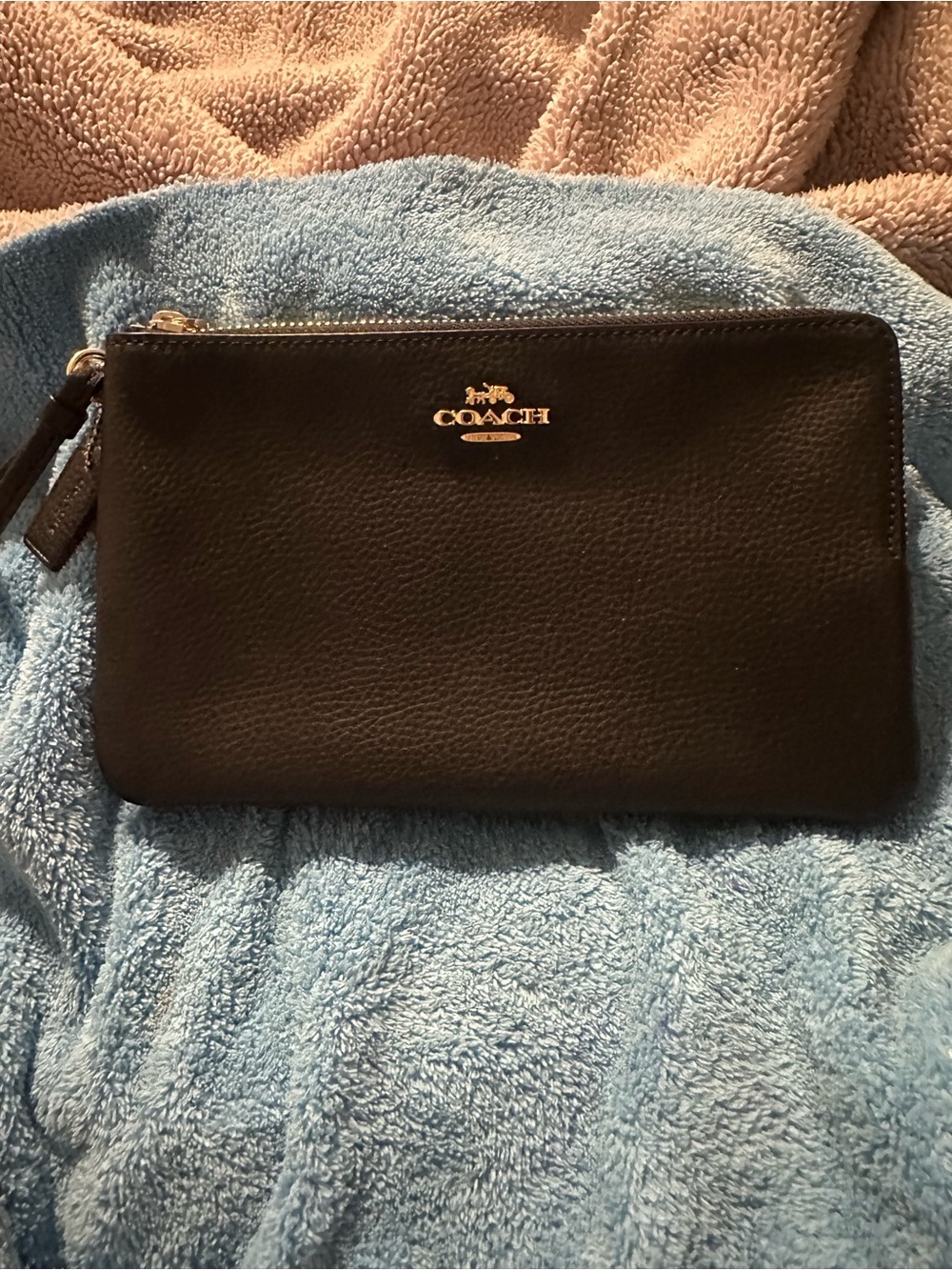 Coach Black Leather Zip Pouch with Gold Logo